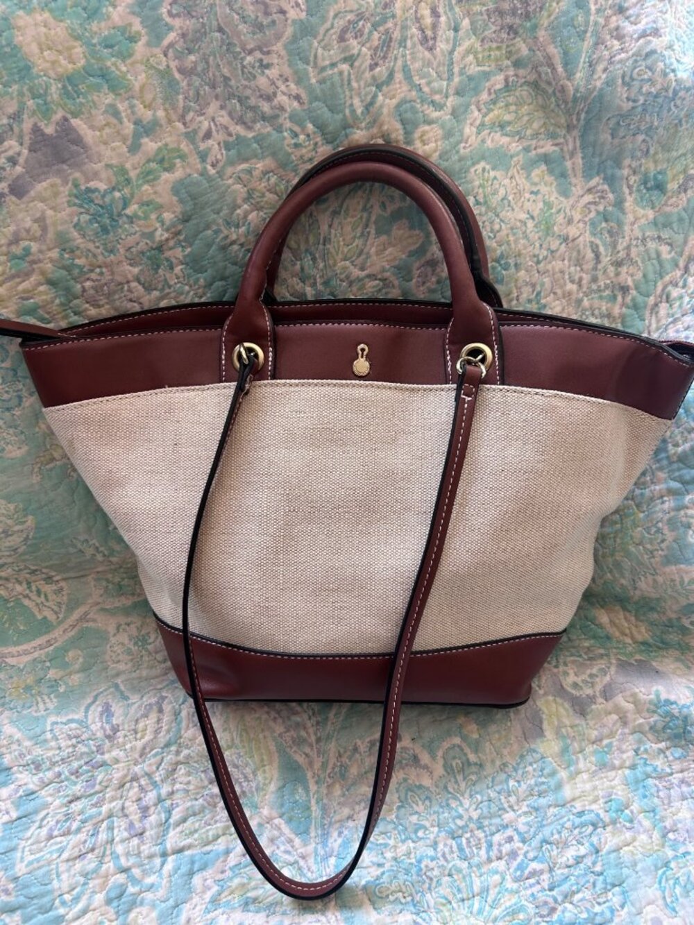 London Fog Canvas & Brown Leather-Trim Tote Shoulder Bag